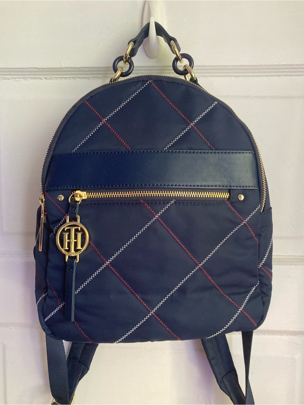 NWOT Tommy Hilfiger Navy Quilted Backpack with Red & White Stitching